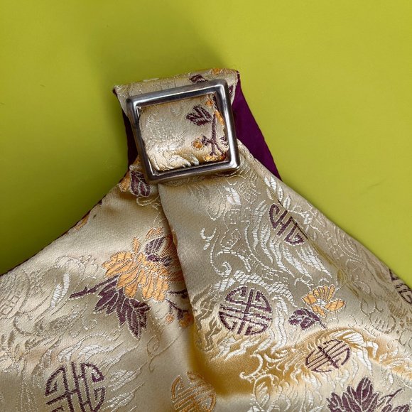 One Shoulder Formal Gown, Gold and Maroon Metallic Floral Brocade, Size 1/3 - Picture 4 of 15